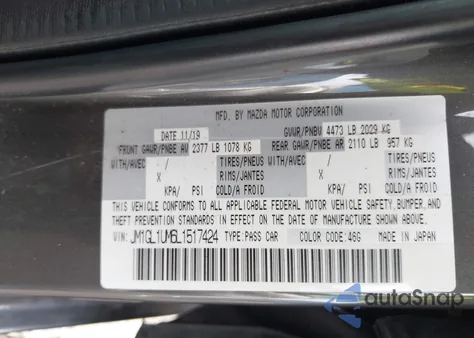 2020 Mazda Mazda6 Sport z USA, uszkodzony, nr VIN JM1GL1UM6L1517424